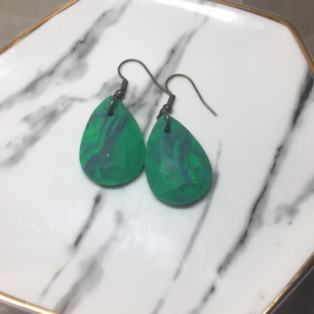 Handmade Polymer Clay Earrings - Green/Purple Drop